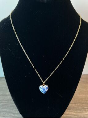 Blue Porcelain Heart gold Pendant Necklace – Women’s Jewelry